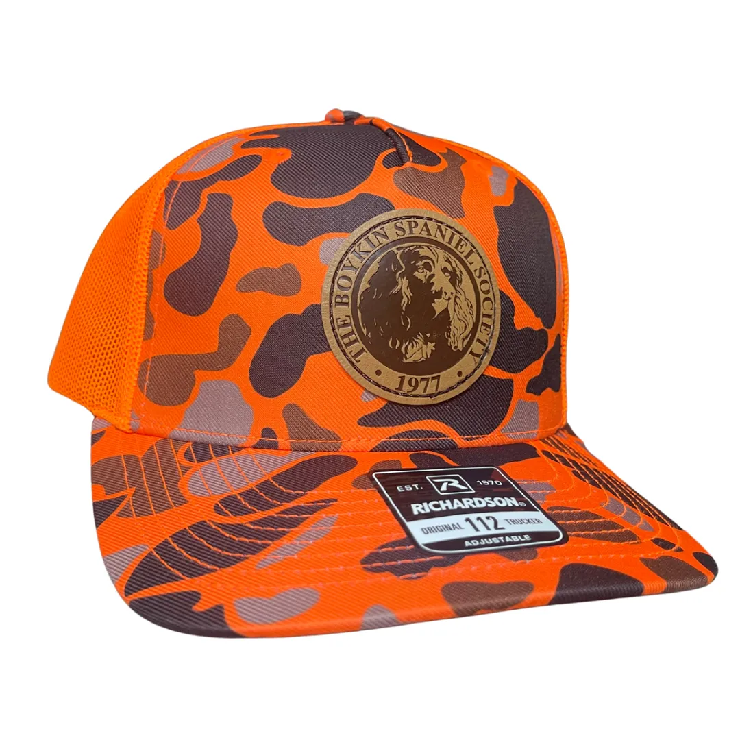 112 Printed Five Panel Trucker Blaze Duck Camo - Boykin Spaniel Society Leather Patch