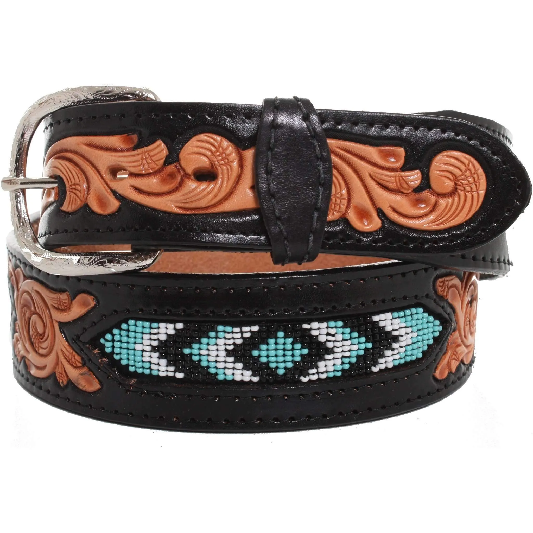 B864 - Black Beaded And Tooled Belt