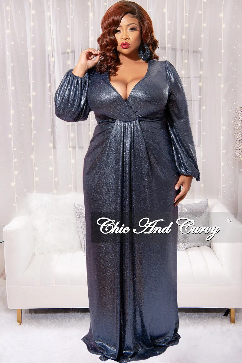 Final Sale Plus Size Faux Wrap Gown with Pleated Waist & Balloon Sleeves in Midnight Blue Metallic Lux Fabric