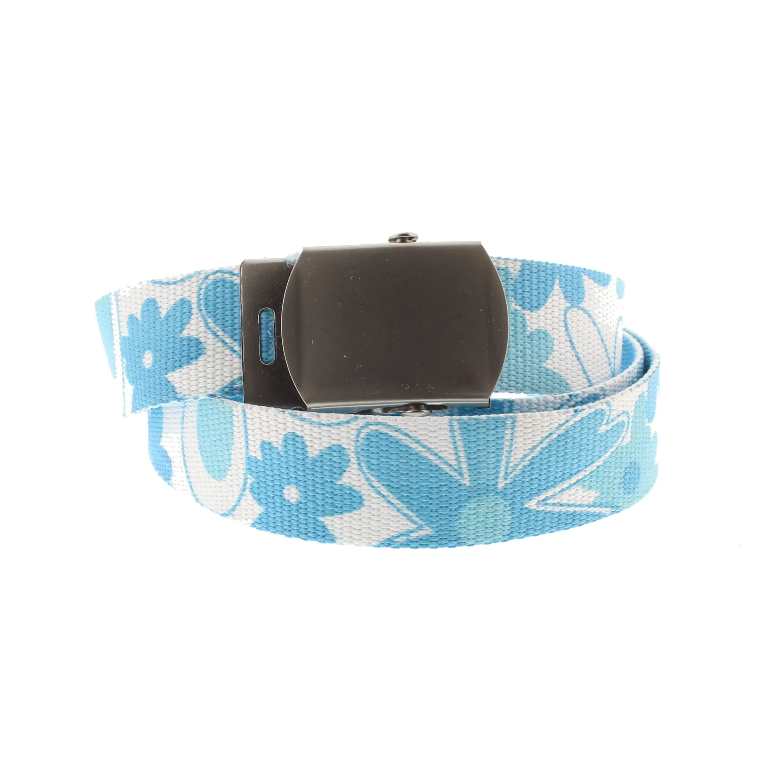 Flower Print Canvas Webbing Belt with Shiny Silver Slider Buckle (Length - 120cm, Width - 3cm)