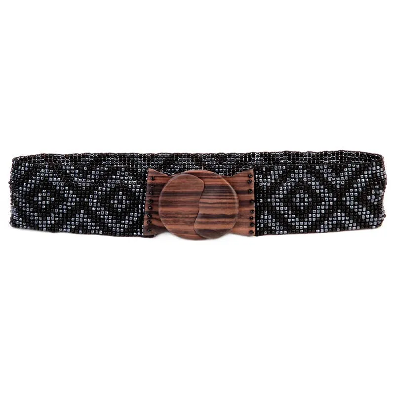 Glass beaded belt wood scroll diamond x black gunmetal