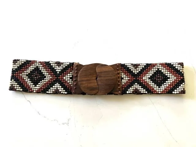 Glass beaded belt wood scroll diamond x cream brown