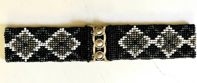 Hand loomed beaded belt silver metal buckle argyle black