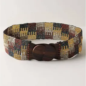 Hand loomed glass bead belt wood scroll jigsaw brown pawa