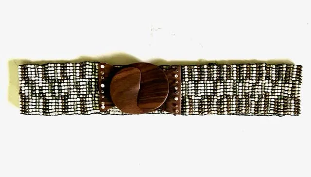 Hand loomed glass bead belt wood scroll stripes cream pewter