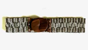 Hand loomed glass bead belt wood scroll stripes cream pewter