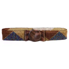 Hand loomed glass bead belt wood scroll triangles in brown