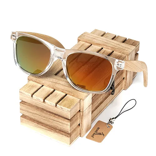 Handmade Polarized Sunglasses With Transparent Plastic Frame Colorful Lens And Bamboo Legs