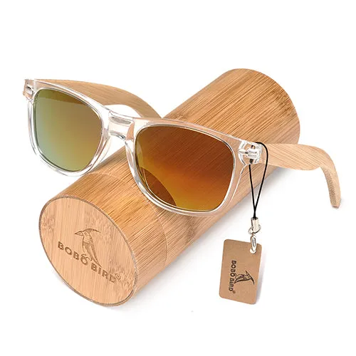 Handmade Polarized Sunglasses With Transparent Plastic Frame Colorful Lens And Bamboo Legs