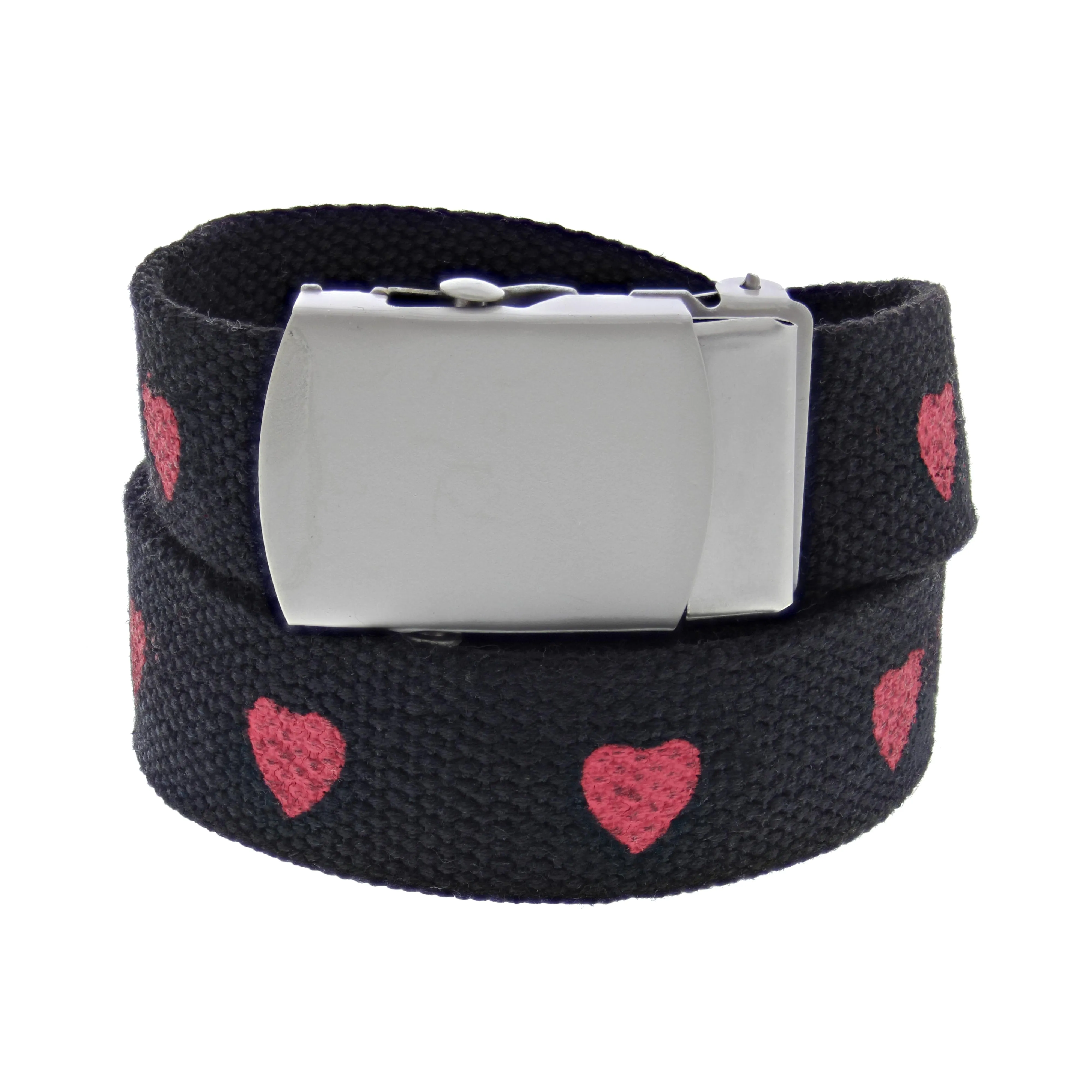 Heart Print Canvas Webbing Belt with Shiny Silver Slider Buckle (Length - 120cm, Width - 3cm)