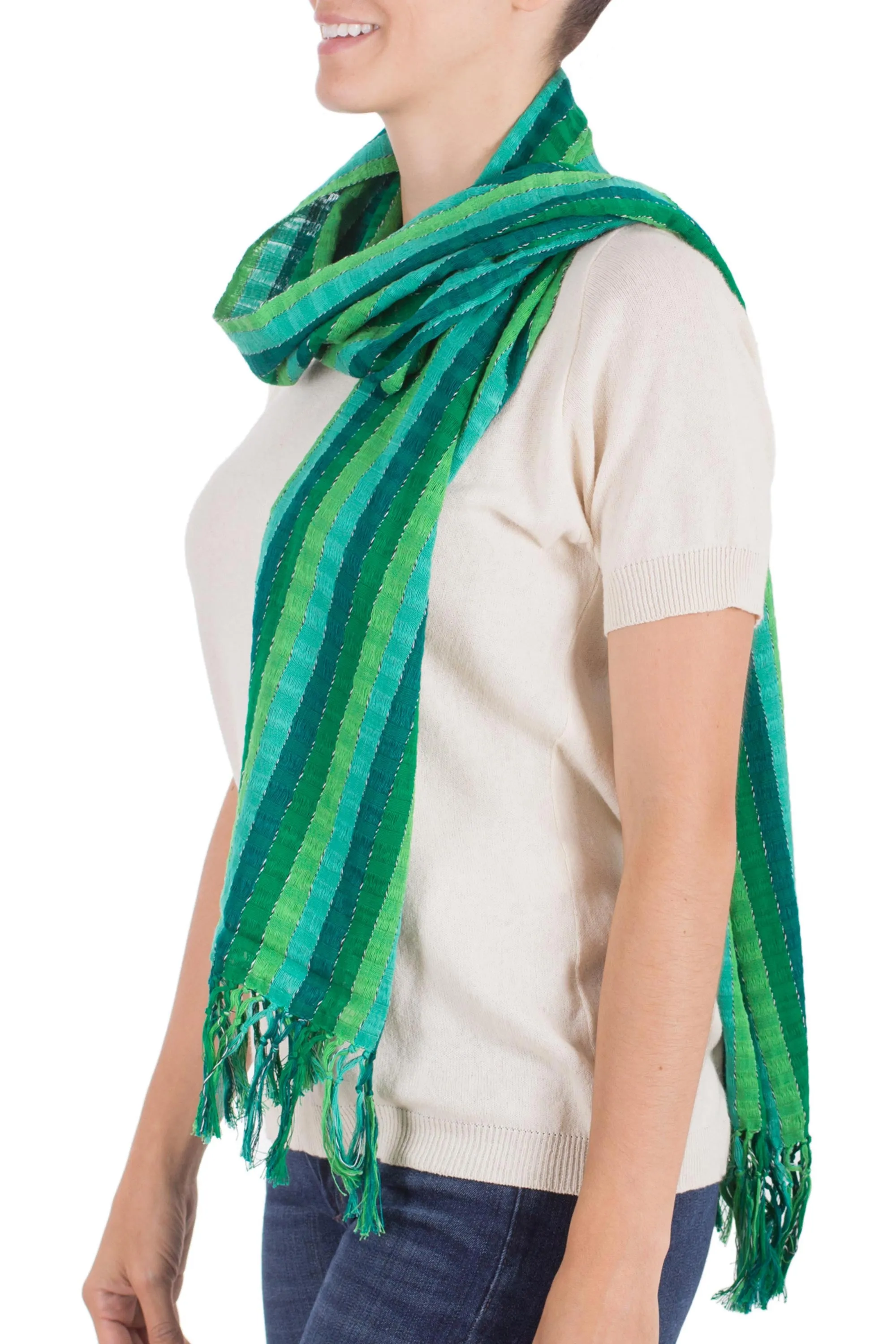 Jade Fields Green Cotton Scarf Woven By Hand