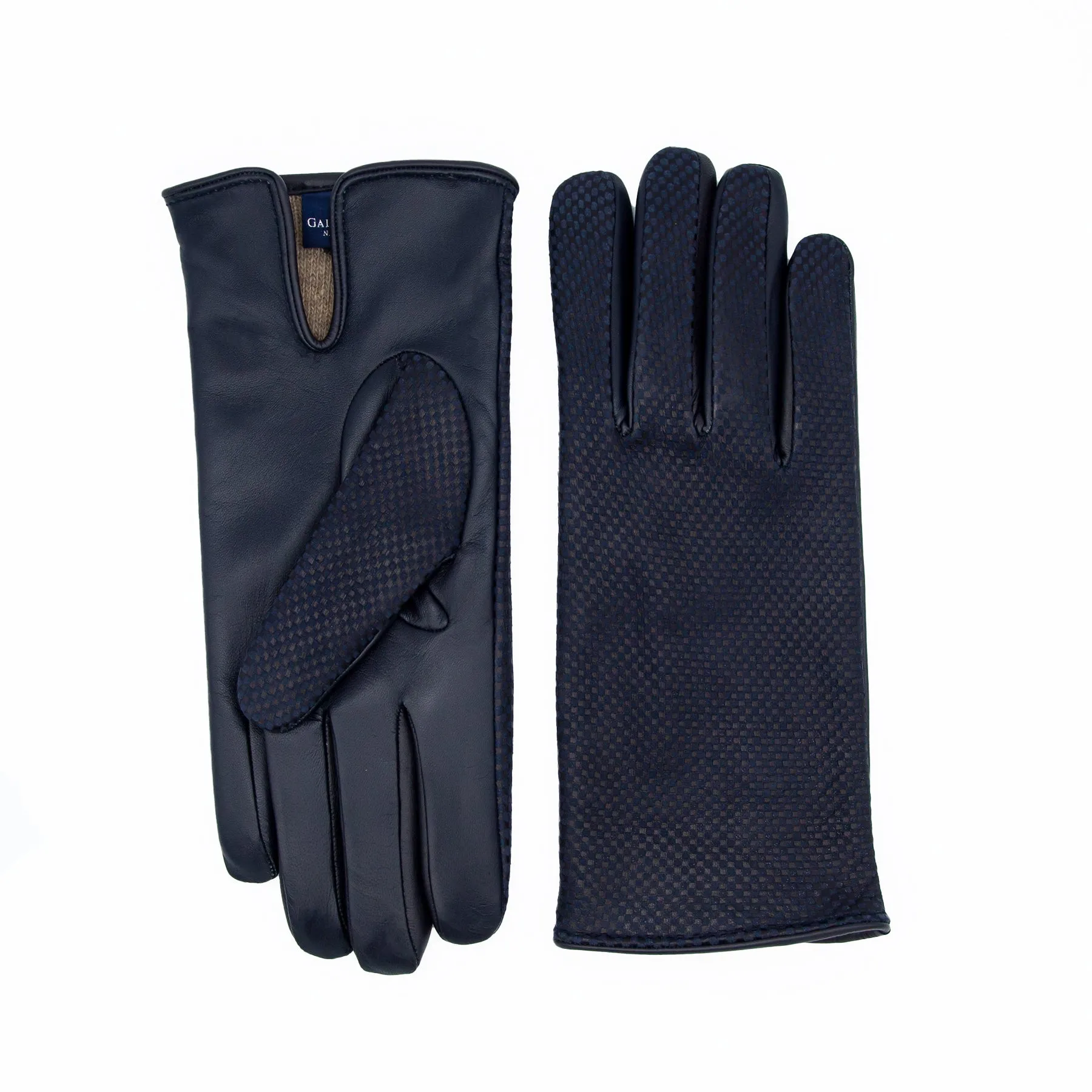 Men's navy  printed top and touchscreen nappa leather gloves with  cashmere lining