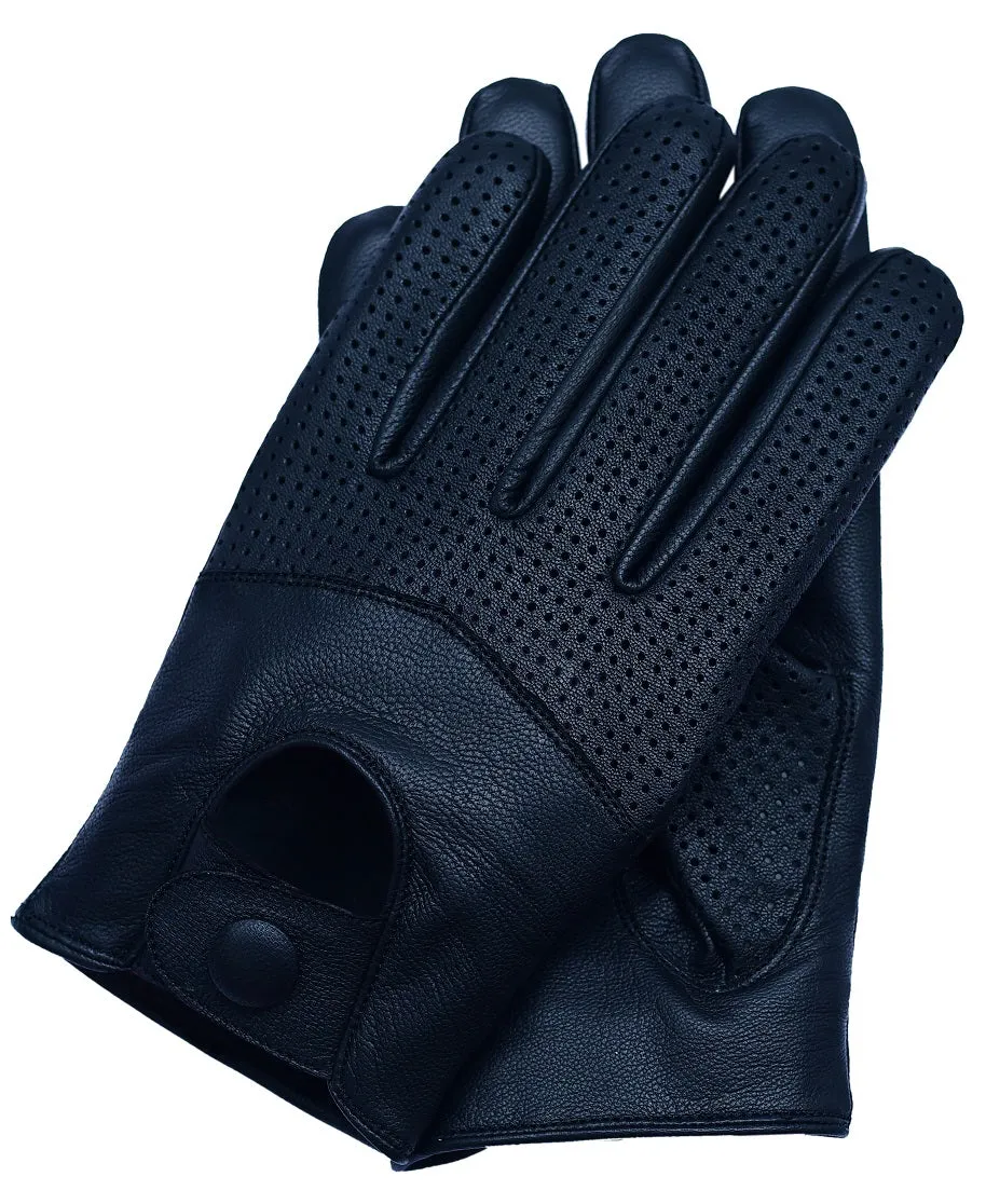 Men's Touchscreen Half Mesh Summer Driving Motorcycle Leather Gloves - Black