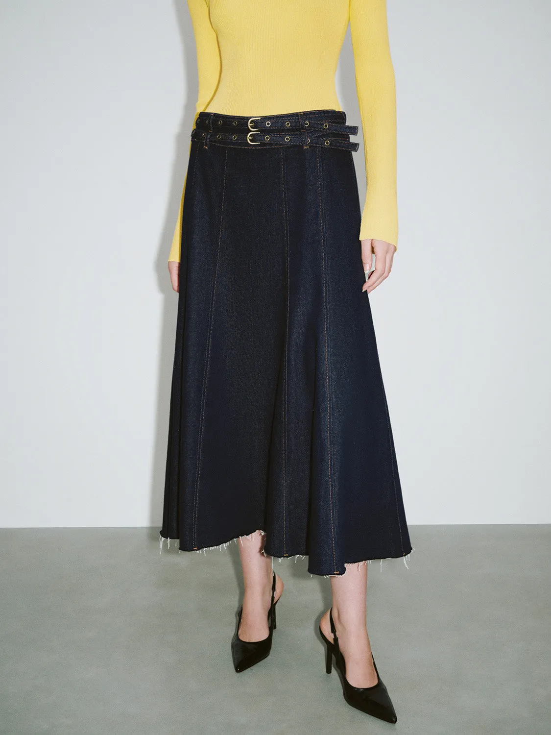 Midi Denim Skirt With Double Belts