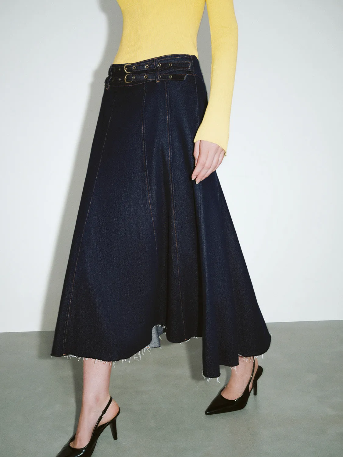 Midi Denim Skirt With Double Belts