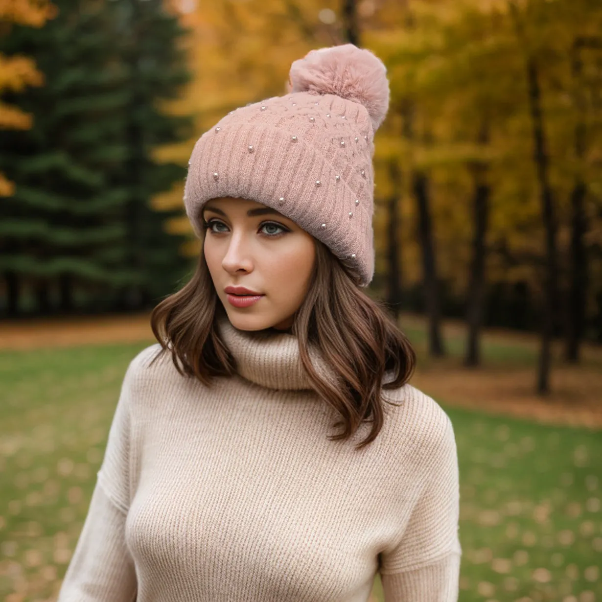 Pearl Faux fur PomPom Hat - Dusky Pink