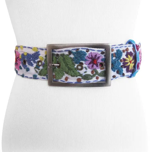 White Whimsically Embroidered Flower Belt For Women